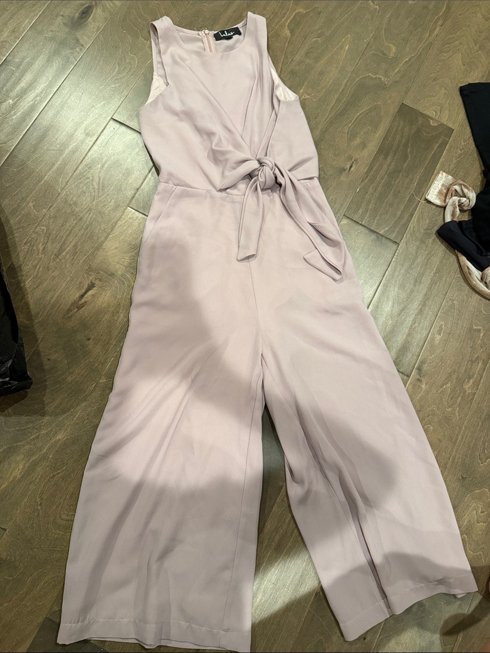 Lulu's Sleeveless Tie-Front Wide-Leg Jumpsuit in Light Mauve